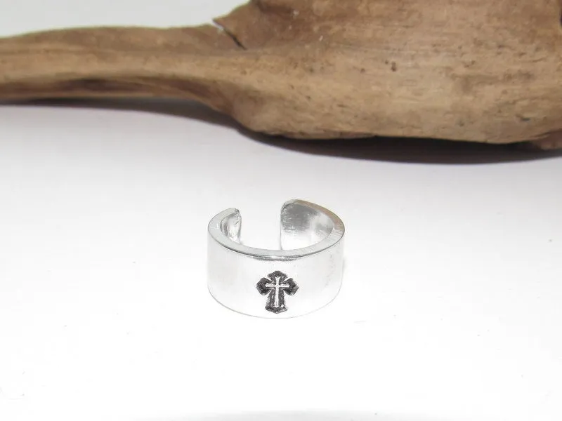 Sterling silver cross ring, rock climber ring, Personalized Adjustable stamped ring,  stamped cross jewelry, boho ring