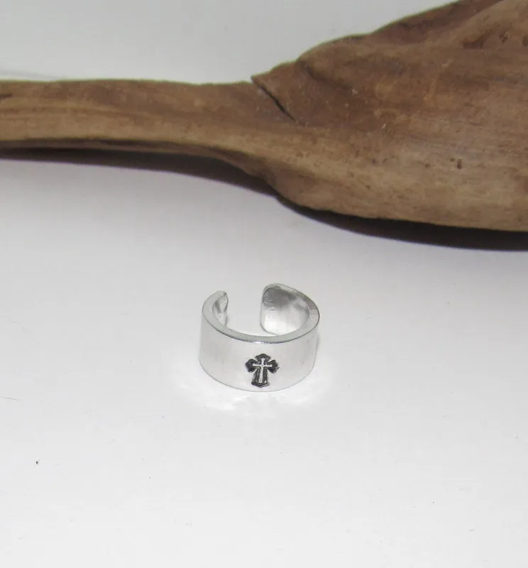 Sterling silver cross ring, rock climber ring, Personalized Adjustable stamped ring,  stamped cross jewelry, boho ring