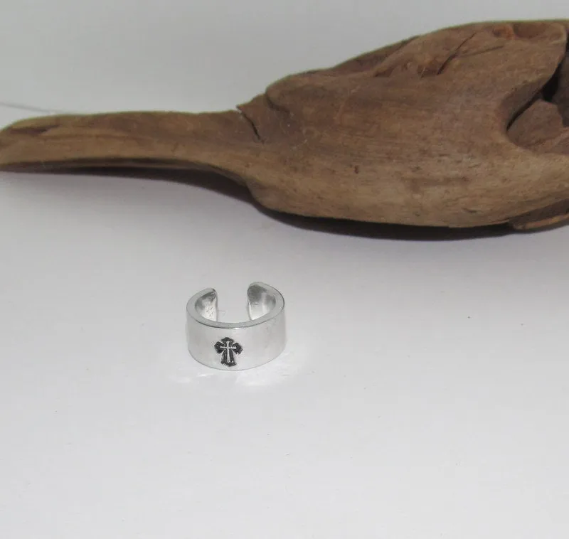 Sterling silver cross ring, rock climber ring, Personalized Adjustable stamped ring,  stamped cross jewelry, boho ring