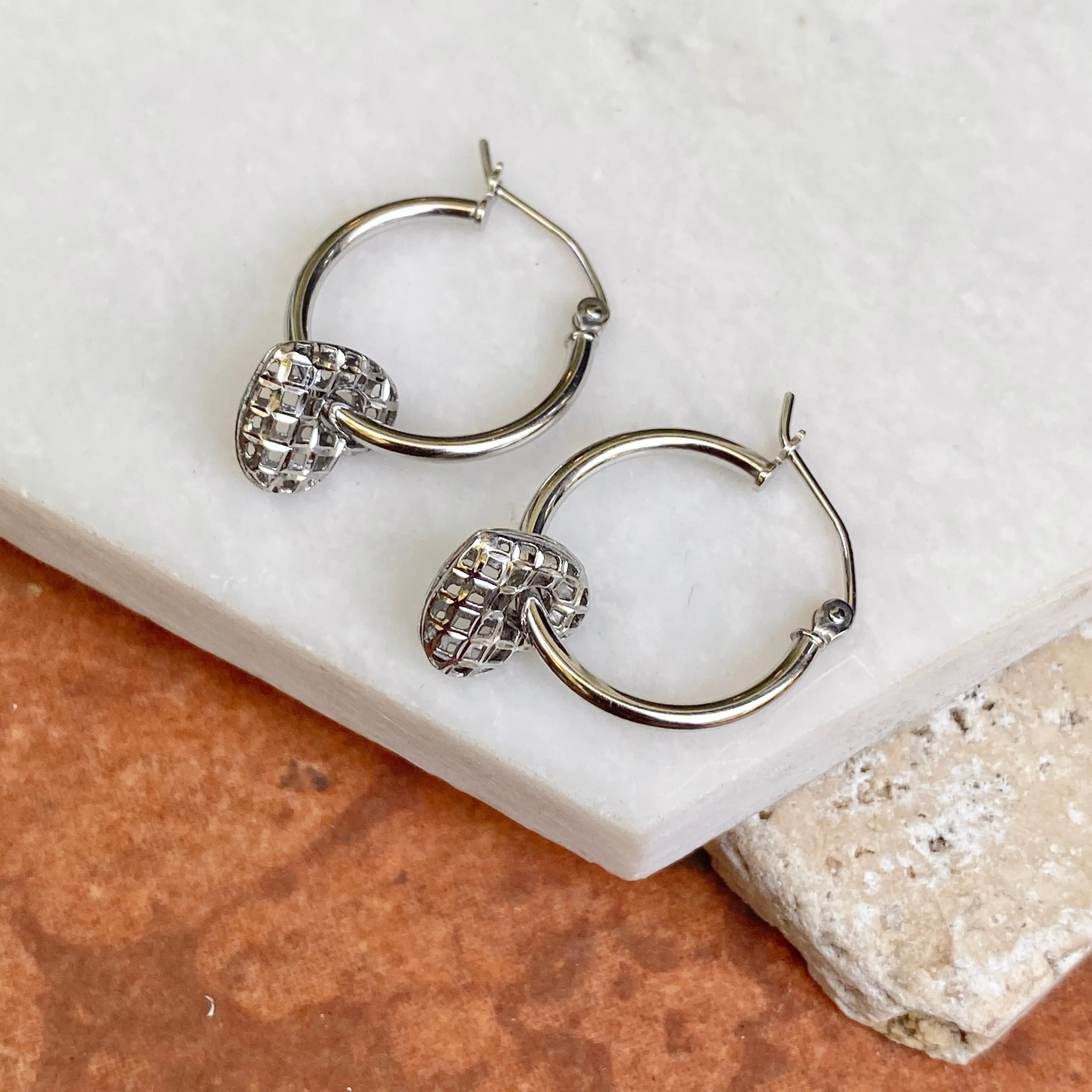 Sterling Silver Diamond-Cut Weave Heart Charm Hoop Earrings