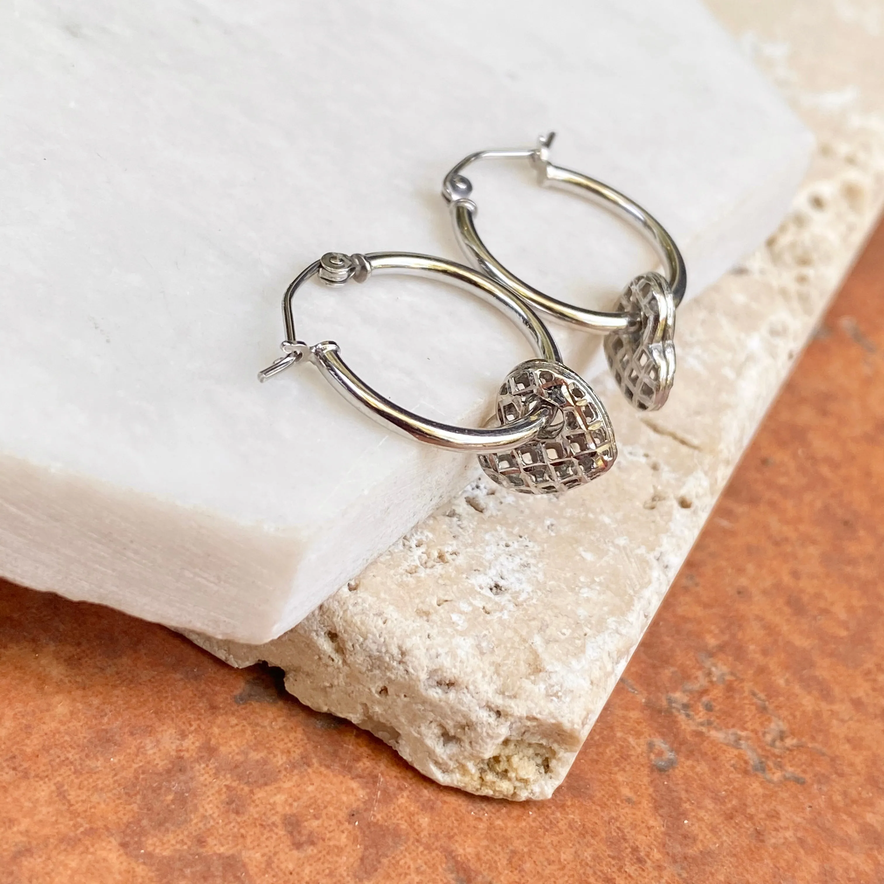 Sterling Silver Diamond-Cut Weave Heart Charm Hoop Earrings