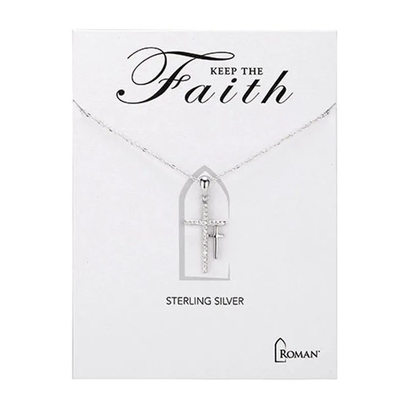Sterling Silver Double Cross Necklace 18"