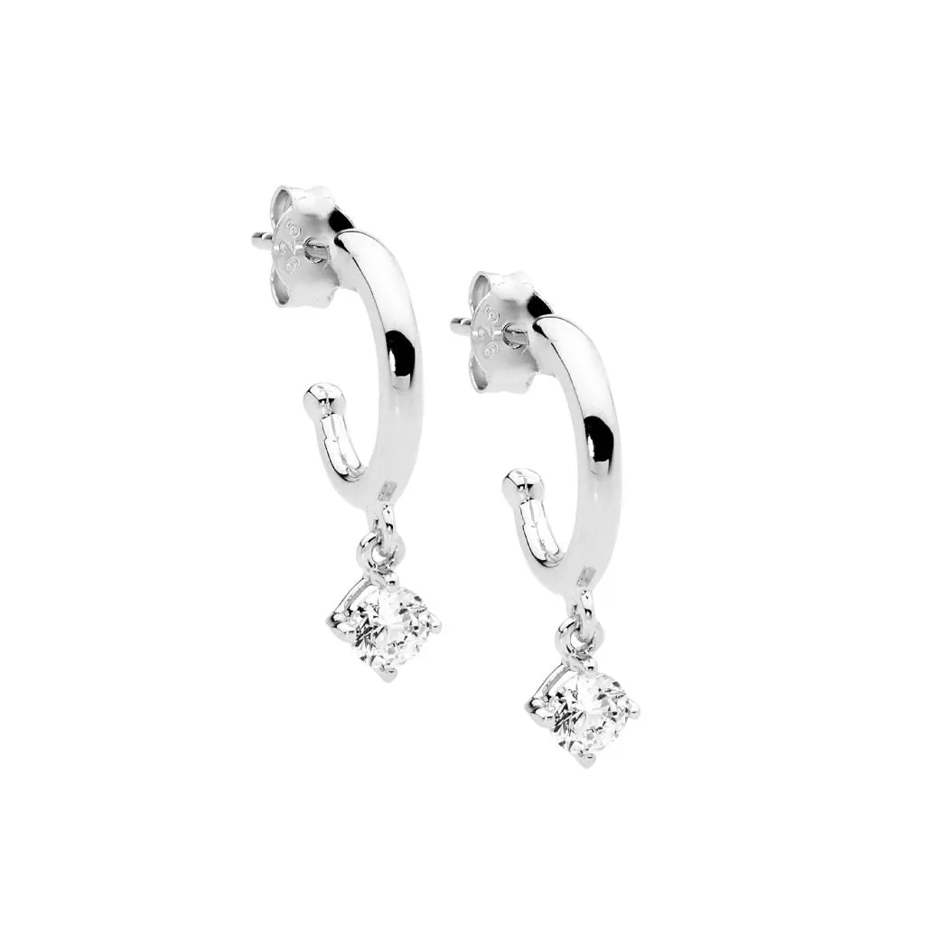 Sterling Silver Hoop Earrings With a Dangling Cubic Zirconia 13mm E580S