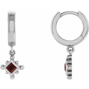 Sterling Silver Natural Mozambique Garnet Beaded Bezel-Set Hoop Earrings
