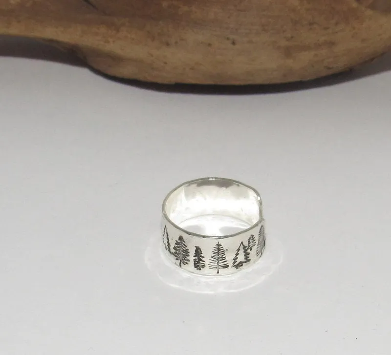 Sterling silver Trees Inspirational Ring, Nature Inspirational Ring, Personalized Hand Stamped Ring,  Forest Hand Stamped Ring