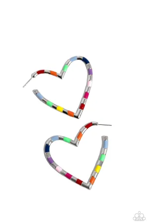 Striped Sweethearts - Multi - Rainbow Stripe Heart Paparazzi Hoop Earrings