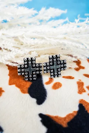 Studded Silvertone Cordelia Cross Earrings
