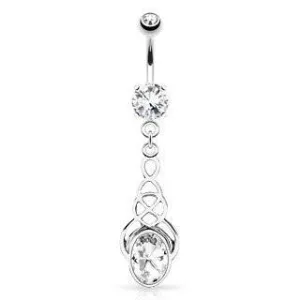 Surgical Steel Belly Button Navel Ring Bar with Clear White Oval CZ Pattern Dangle