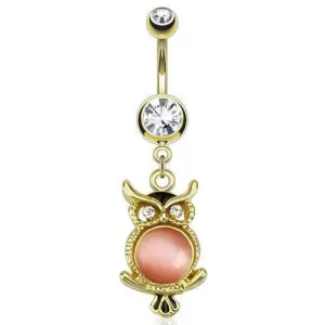Surgical Steel Gold Plated Cat's Eye CZ Gem Owl Belly Button Navel Ring Bar Dangle