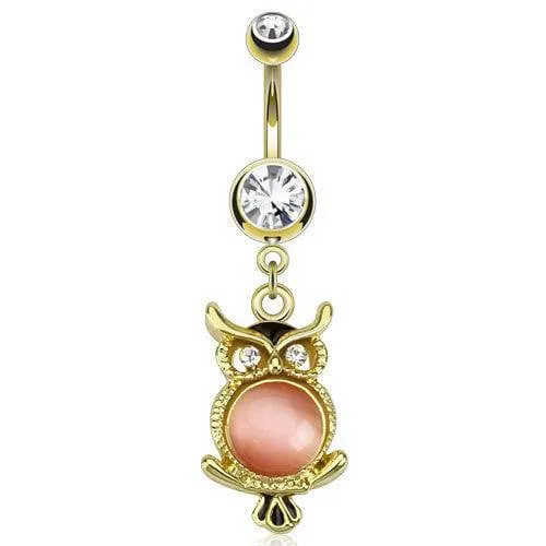 Surgical Steel Gold Plated Cat's Eye CZ Gem Owl Belly Button Navel Ring Bar Dangle