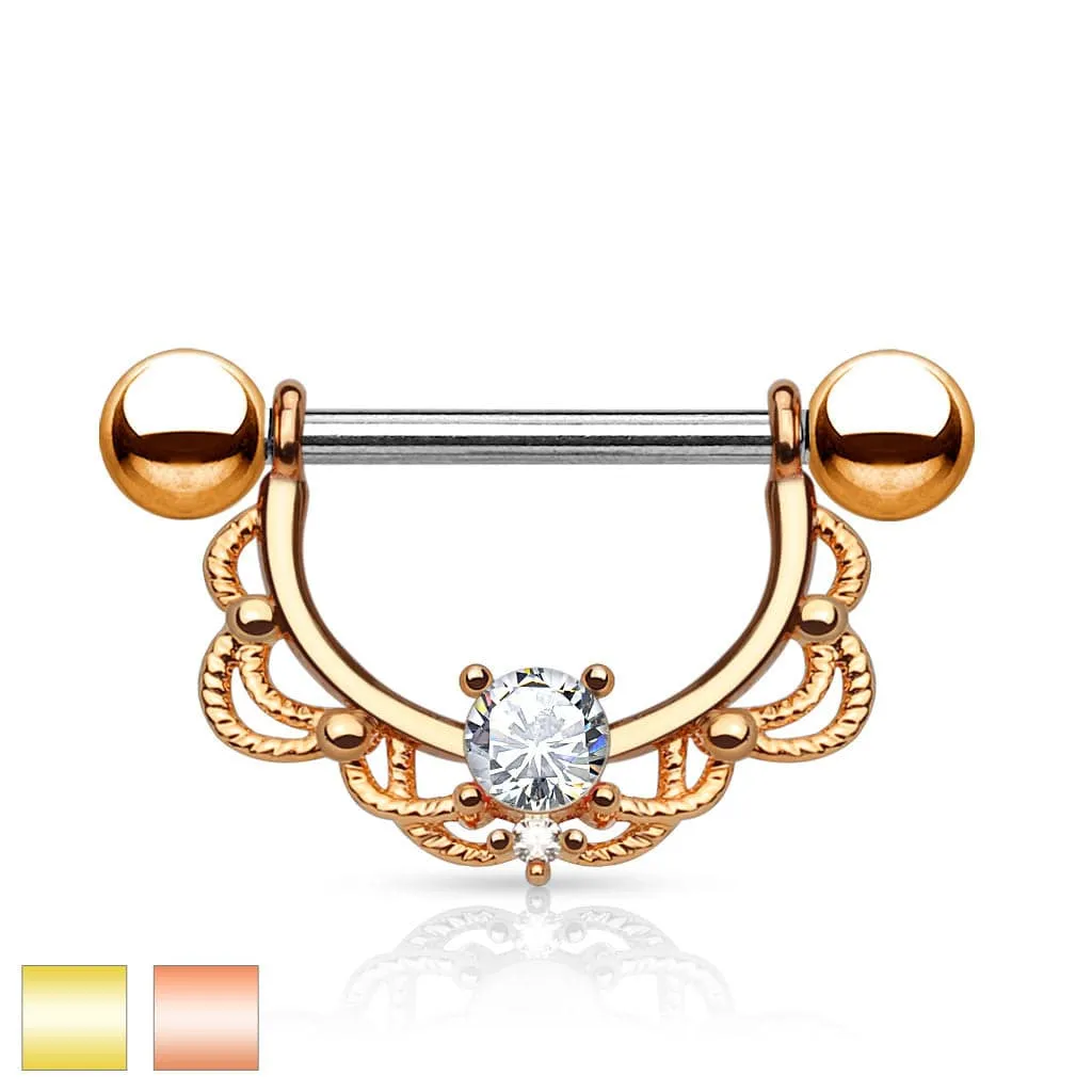 Surgical Steel Gold Plated Laced Single Gem Nipple Ring Shield Barbell
