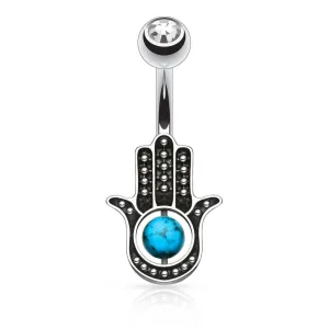 Surgical Steel Turquoise Palm Hamsa Hand of Fatima Belly Button Navel Ring