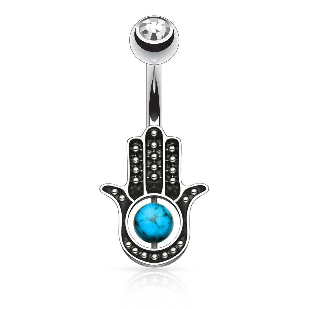 Surgical Steel Turquoise Palm Hamsa Hand of Fatima Belly Button Navel Ring