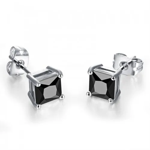 Teens' and Mother's Earrings:  Surgical Steel Classic Princess Cut Black CZ Studs