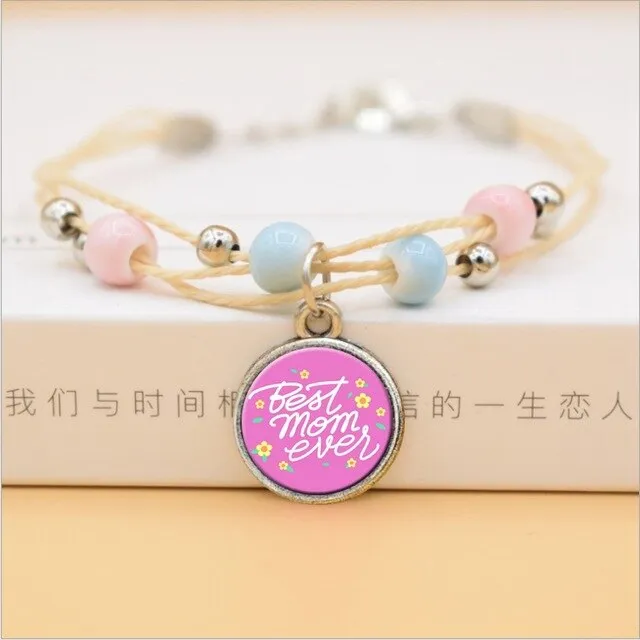 The Best Mom Ever Glass Cabochon Charms Bracelet Ceramic Beads Bracelets For Women Love Gifts For Mother