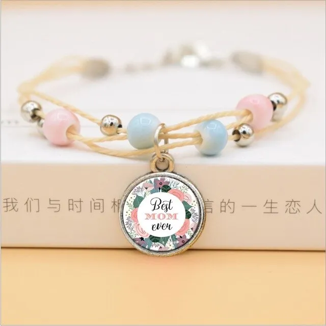 The Best Mom Ever Glass Cabochon Charms Bracelet Ceramic Beads Bracelets For Women Love Gifts For Mother