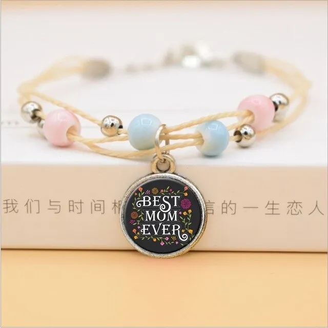 The Best Mom Ever Glass Cabochon Charms Bracelet Ceramic Beads Bracelets For Women Love Gifts For Mother