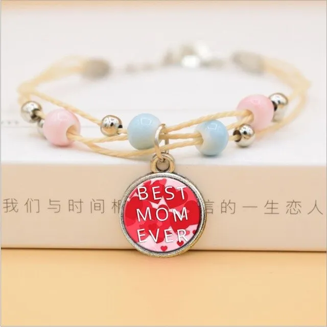 The Best Mom Ever Glass Cabochon Charms Bracelet Ceramic Beads Bracelets For Women Love Gifts For Mother
