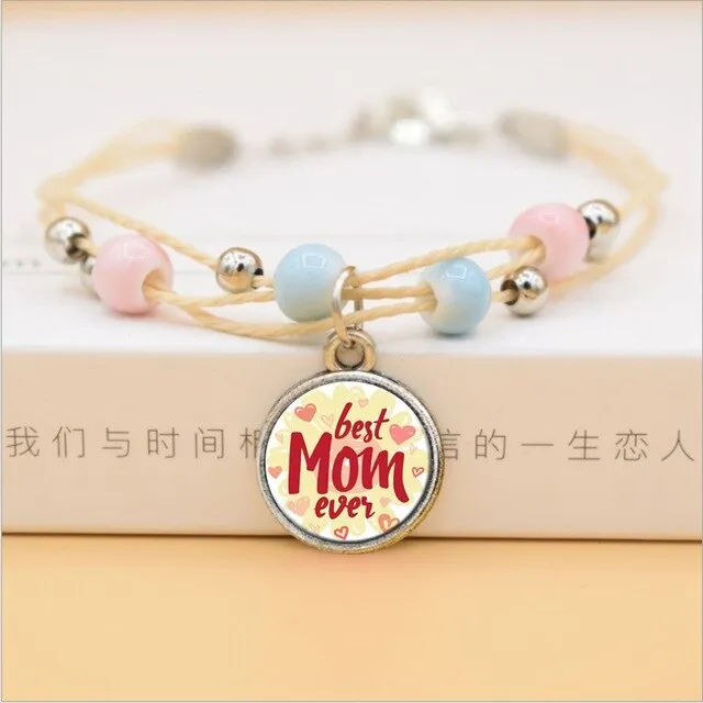 The Best Mom Ever Glass Cabochon Charms Bracelet Ceramic Beads Bracelets For Women Love Gifts For Mother