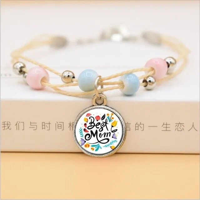 The Best Mom Ever Glass Cabochon Charms Bracelet Ceramic Beads Bracelets For Women Love Gifts For Mother