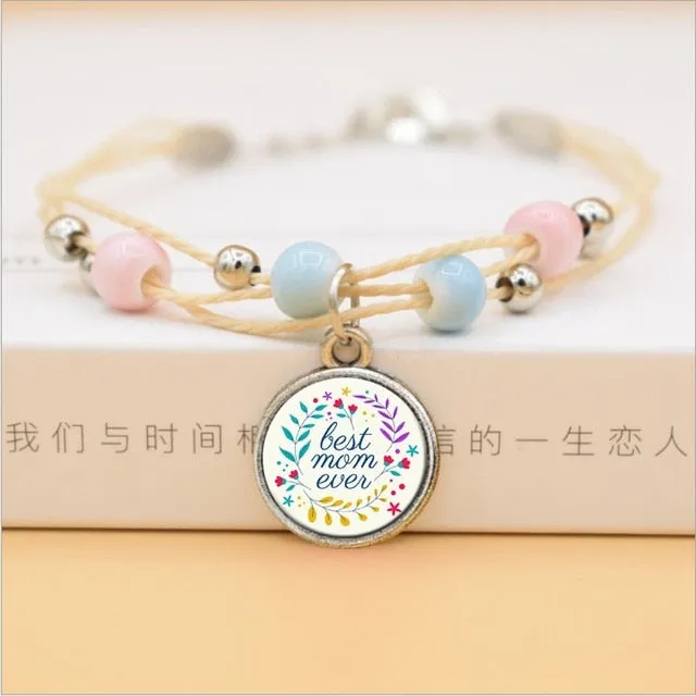 The Best Mom Ever Glass Cabochon Charms Bracelet Ceramic Beads Bracelets For Women Love Gifts For Mother