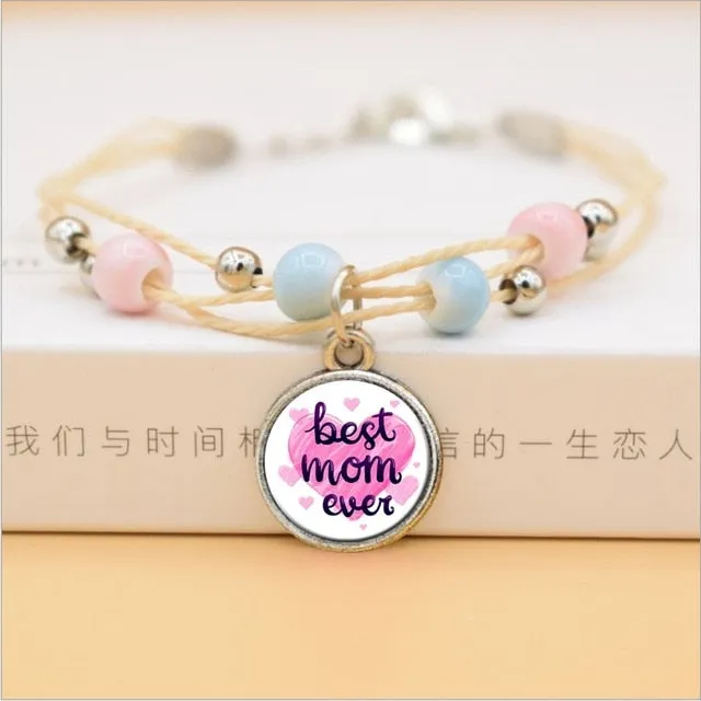 The Best Mom Ever Glass Cabochon Charms Bracelet Ceramic Beads Bracelets For Women Love Gifts For Mother