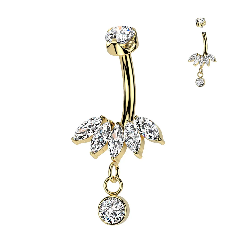 Titanium 5 Marquise CZ Fan& CZ Dangle Belly Button Rings