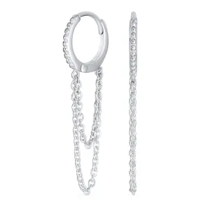 Trendy Dainty CZ Hoop Earrings with Pave Accent and Double Chain Sterling Silver