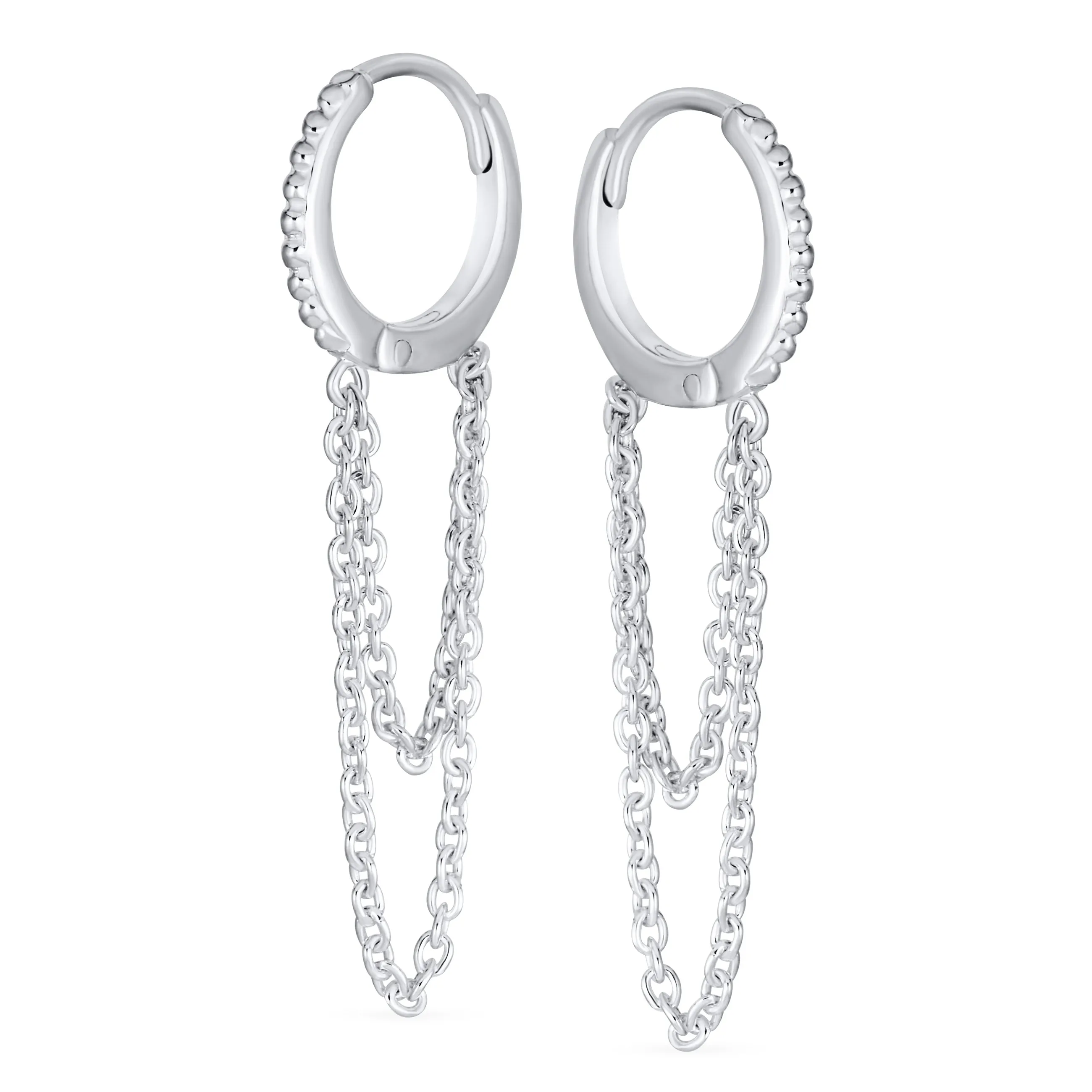 Trendy Dainty CZ Hoop Earrings with Pave Accent and Double Chain Sterling Silver