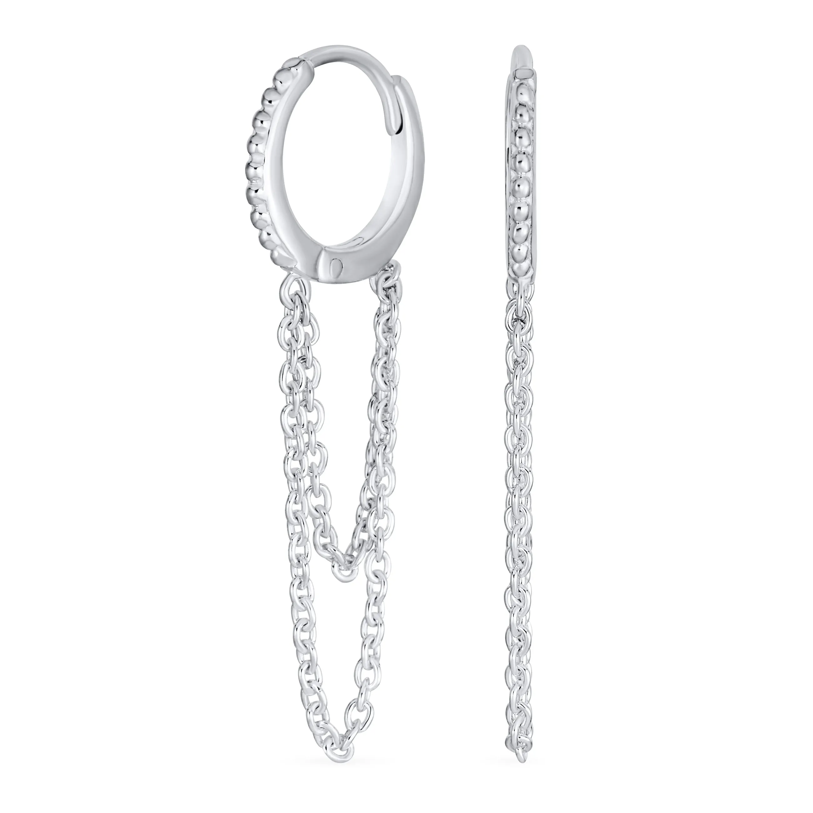 Trendy Dainty CZ Hoop Earrings with Pave Accent and Double Chain Sterling Silver