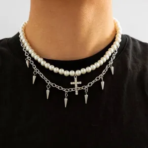Trendy Punk Imitation Pearl Bead Chain Spikes/Cross Pendant Necklace Men Hiphop Layered  Choker Set Fashion Jewelry