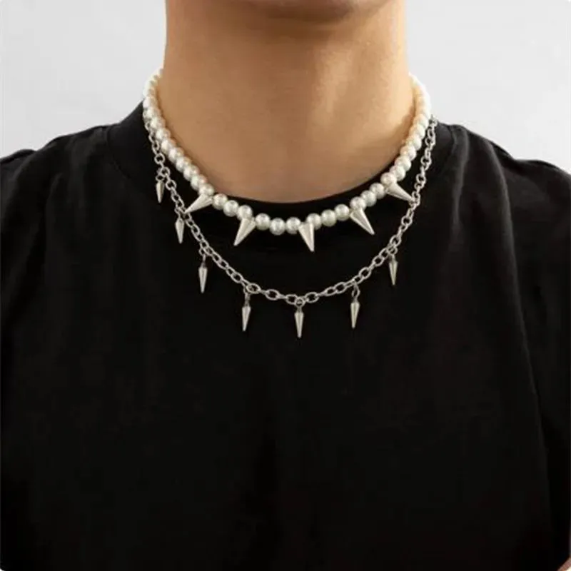 Trendy Punk Imitation Pearl Bead Chain Spikes/Cross Pendant Necklace Men Hiphop Layered  Choker Set Fashion Jewelry