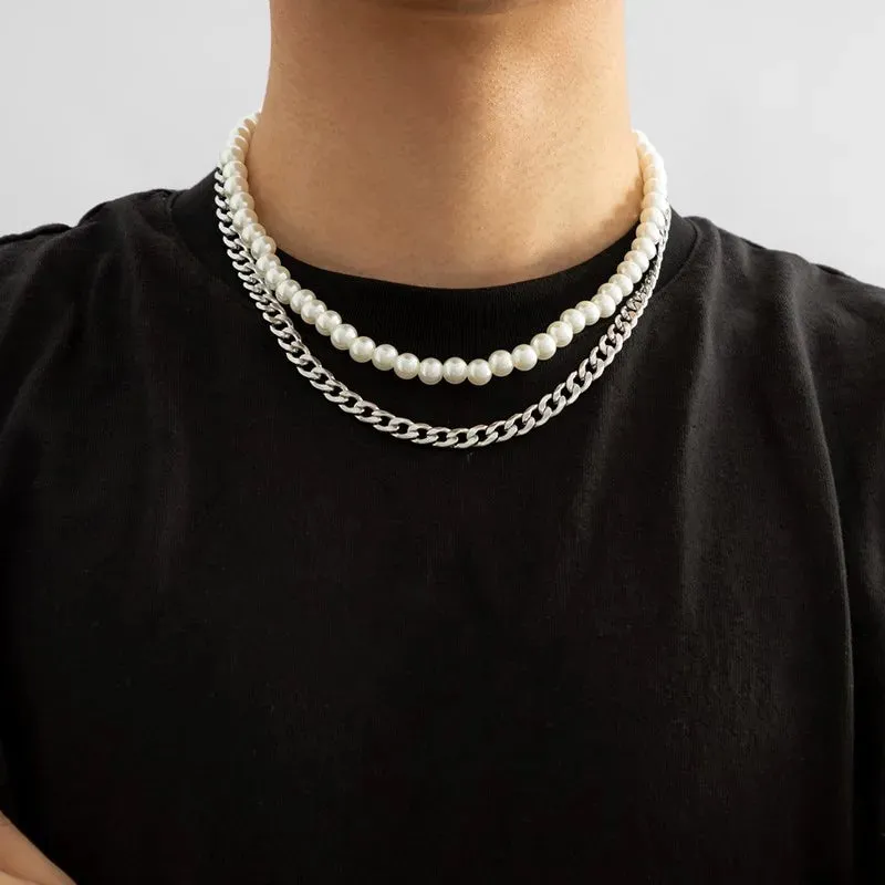 Trendy Punk Imitation Pearl Bead Chain Spikes/Cross Pendant Necklace Men Hiphop Layered  Choker Set Fashion Jewelry