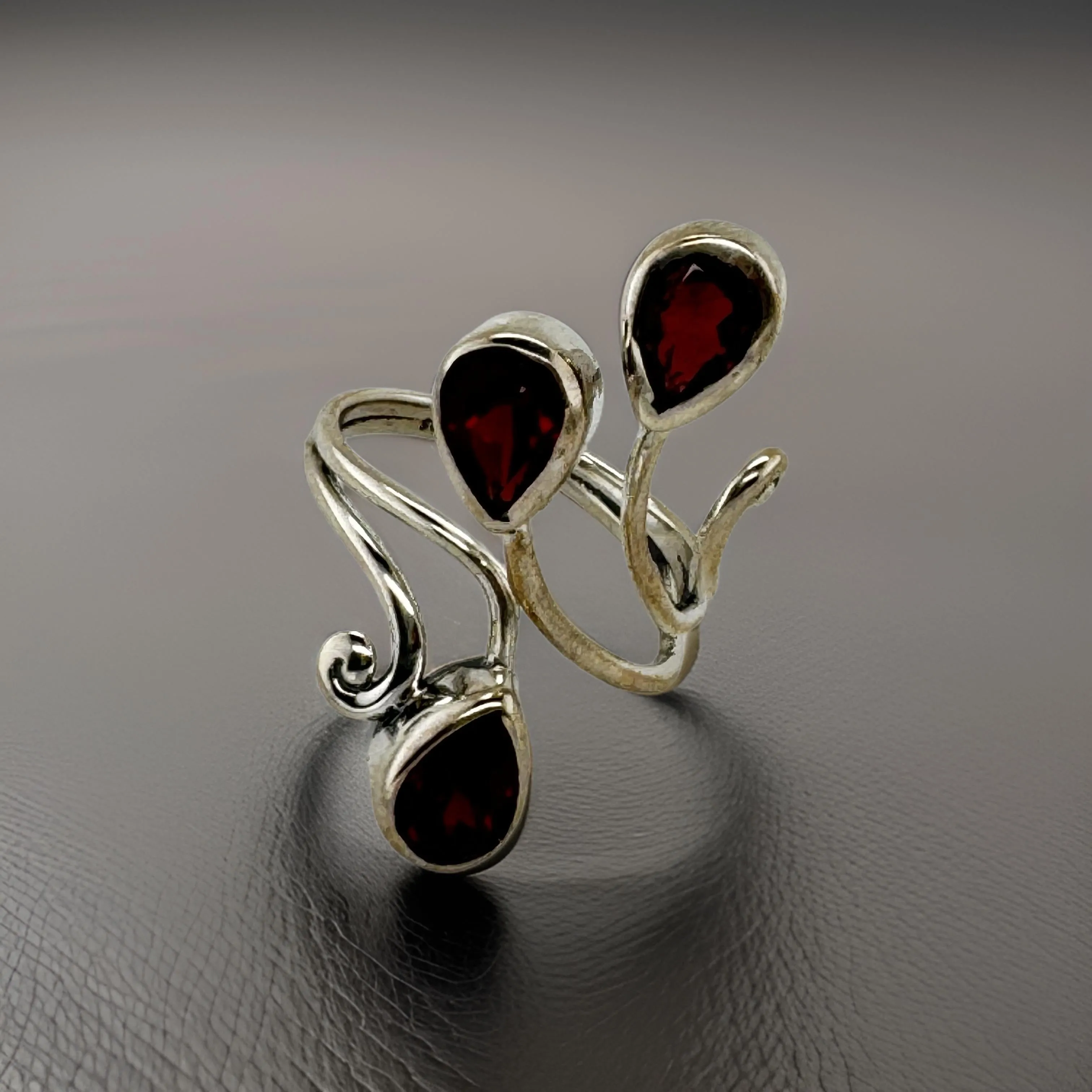Tri-Leaf Red Garnet Size 6 and 7 Adjustable Ring