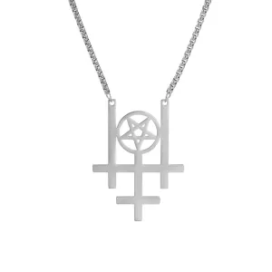 Triple Inverted Cross Pendant Necklace Occult Gothic Stainless Steel Jewelry
