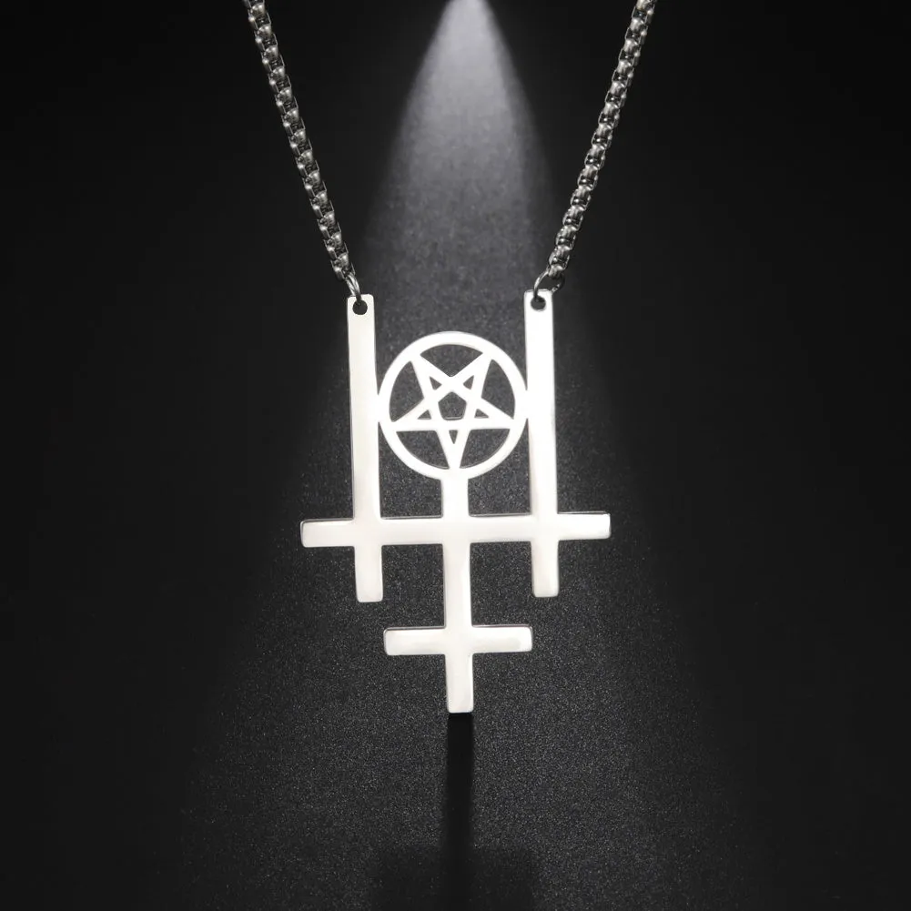 Triple Inverted Cross Pendant Necklace Occult Gothic Stainless Steel Jewelry
