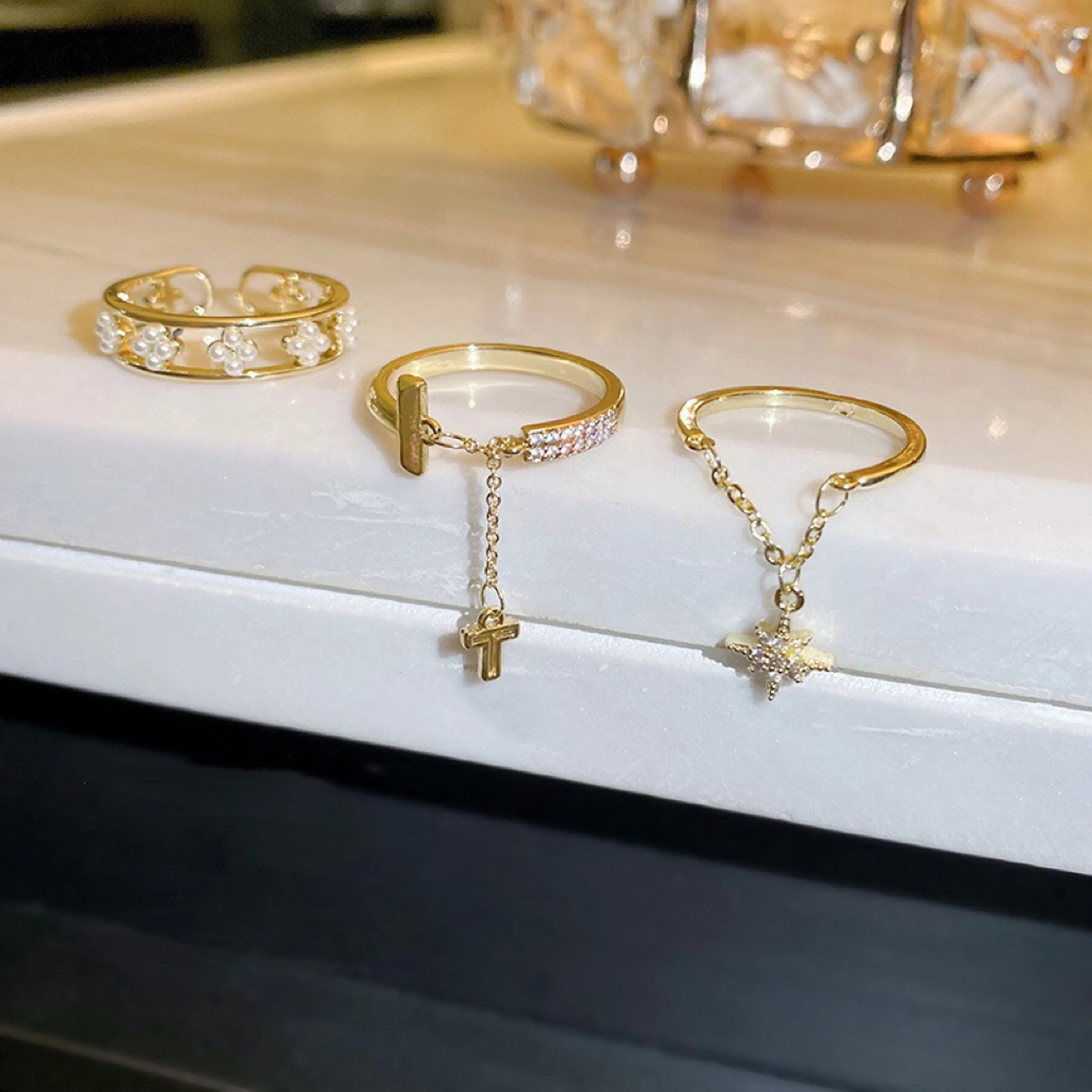 Unique Dainty Gold Rings Set With Dangle Charm