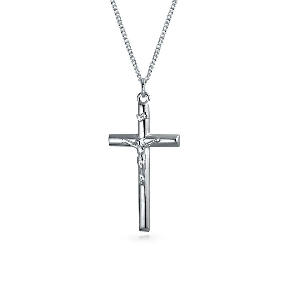 Unisex Sterling Silver Jesus Crucifix Pendant Necklace 2 Inch Religious Jewelry