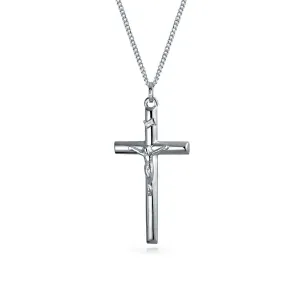 Unisex Sterling Silver Jesus Crucifix Pendant Necklace 2 Inch Religious Jewelry