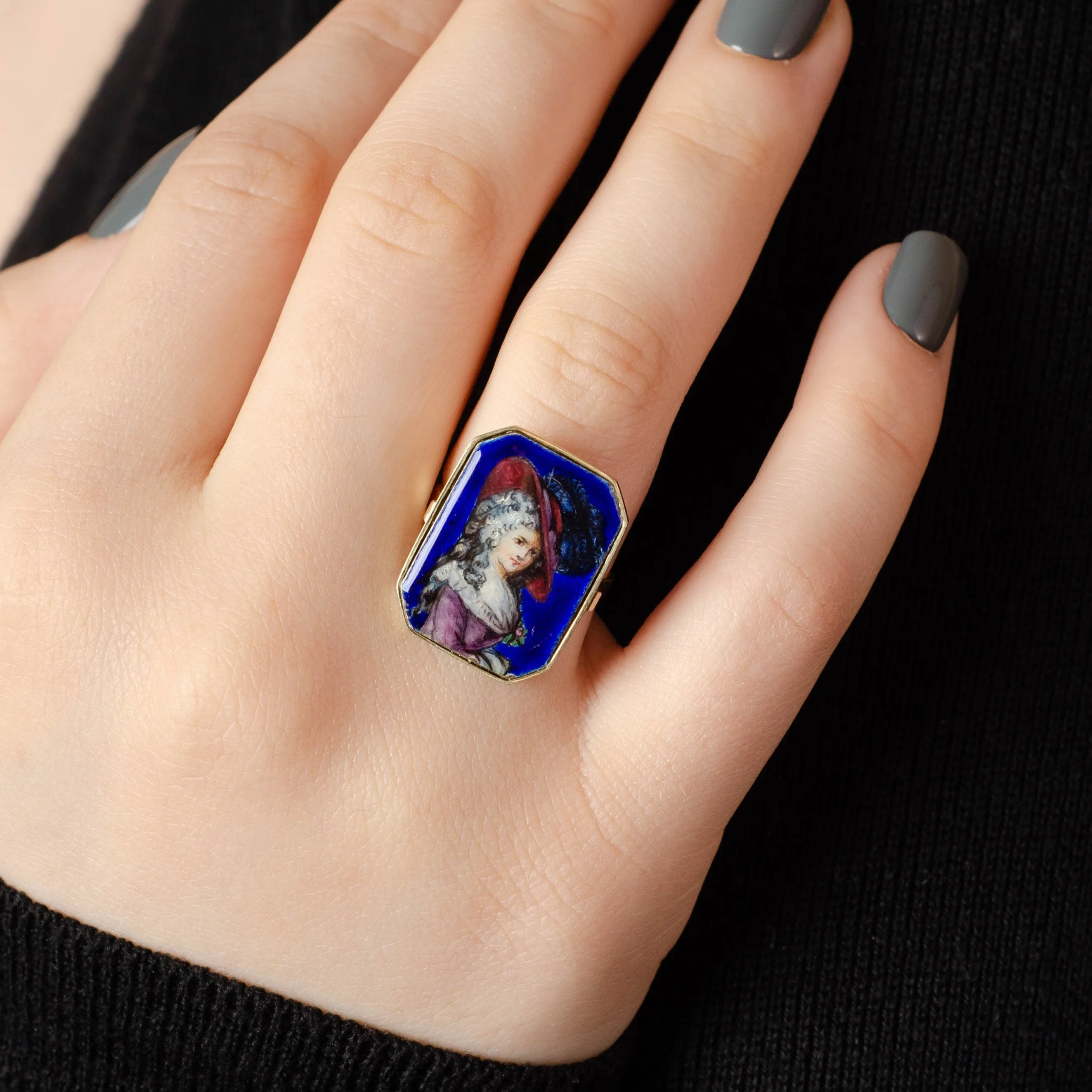 Victorian Blue Enamel Woman Conversion Ring of 14k Gold