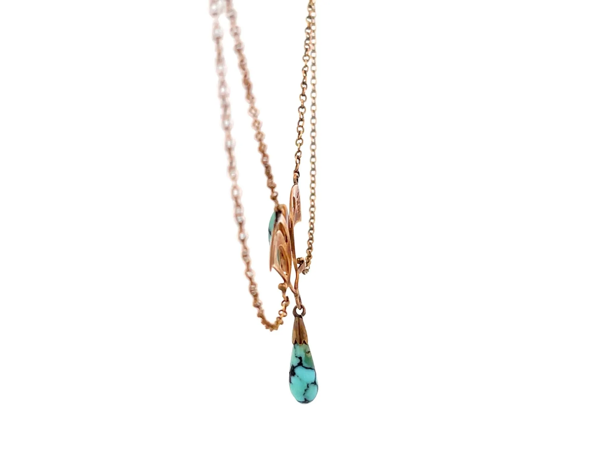 Vintage Art Nouveau Baroque Pearl and Turquoise Necklace 10K Rose Gold