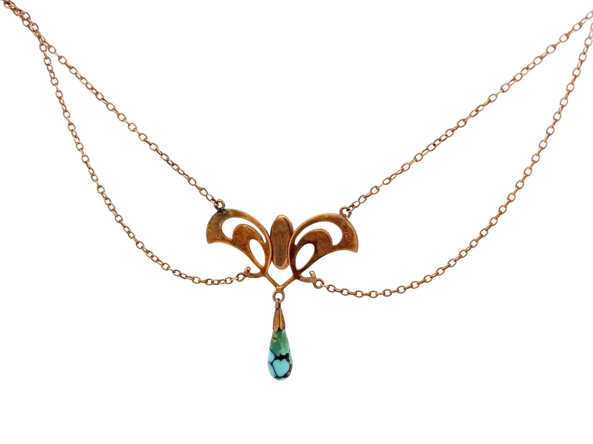 Vintage Art Nouveau Baroque Pearl and Turquoise Necklace 10K Rose Gold