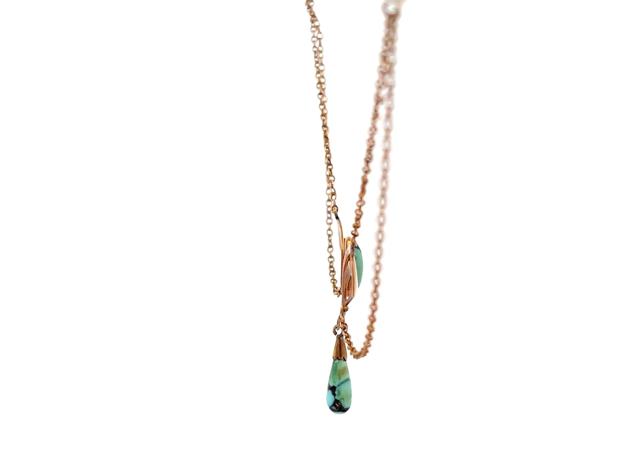 Vintage Art Nouveau Baroque Pearl and Turquoise Necklace 10K Rose Gold