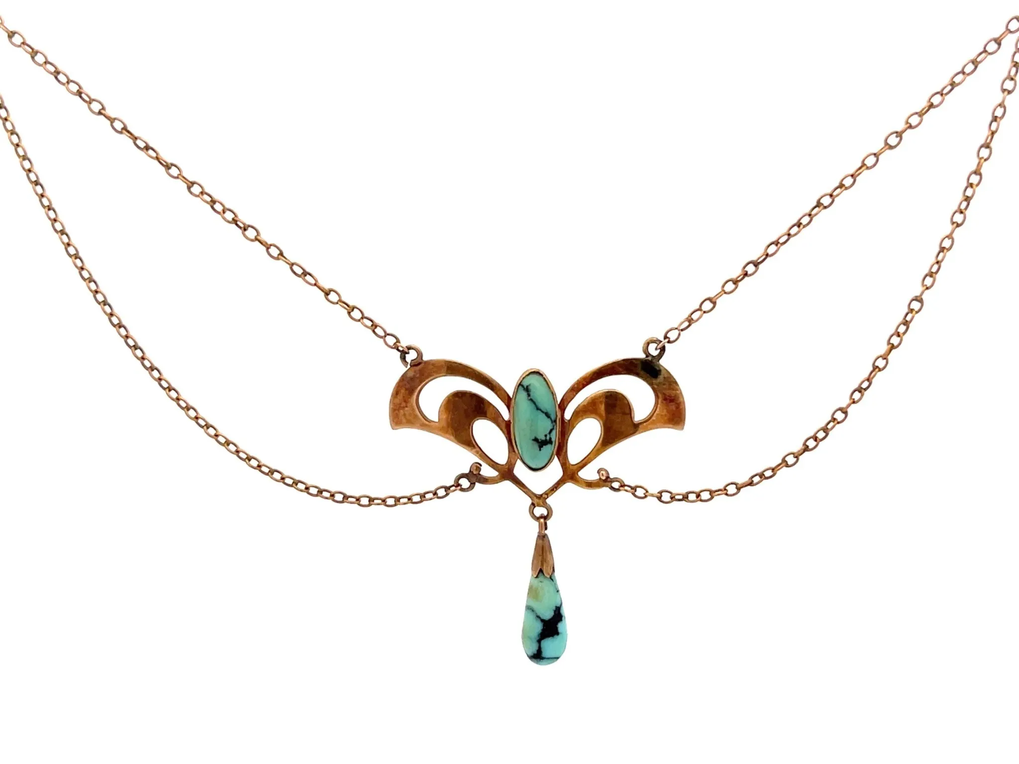 Vintage Art Nouveau Baroque Pearl and Turquoise Necklace 10K Rose Gold