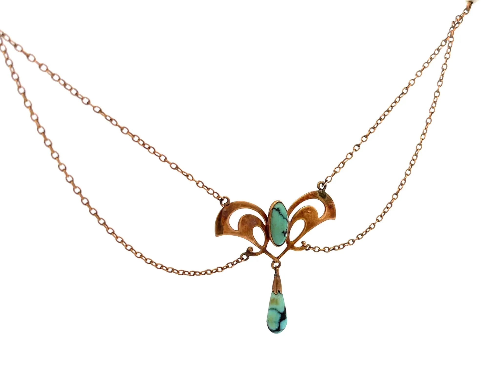 Vintage Art Nouveau Baroque Pearl and Turquoise Necklace 10K Rose Gold