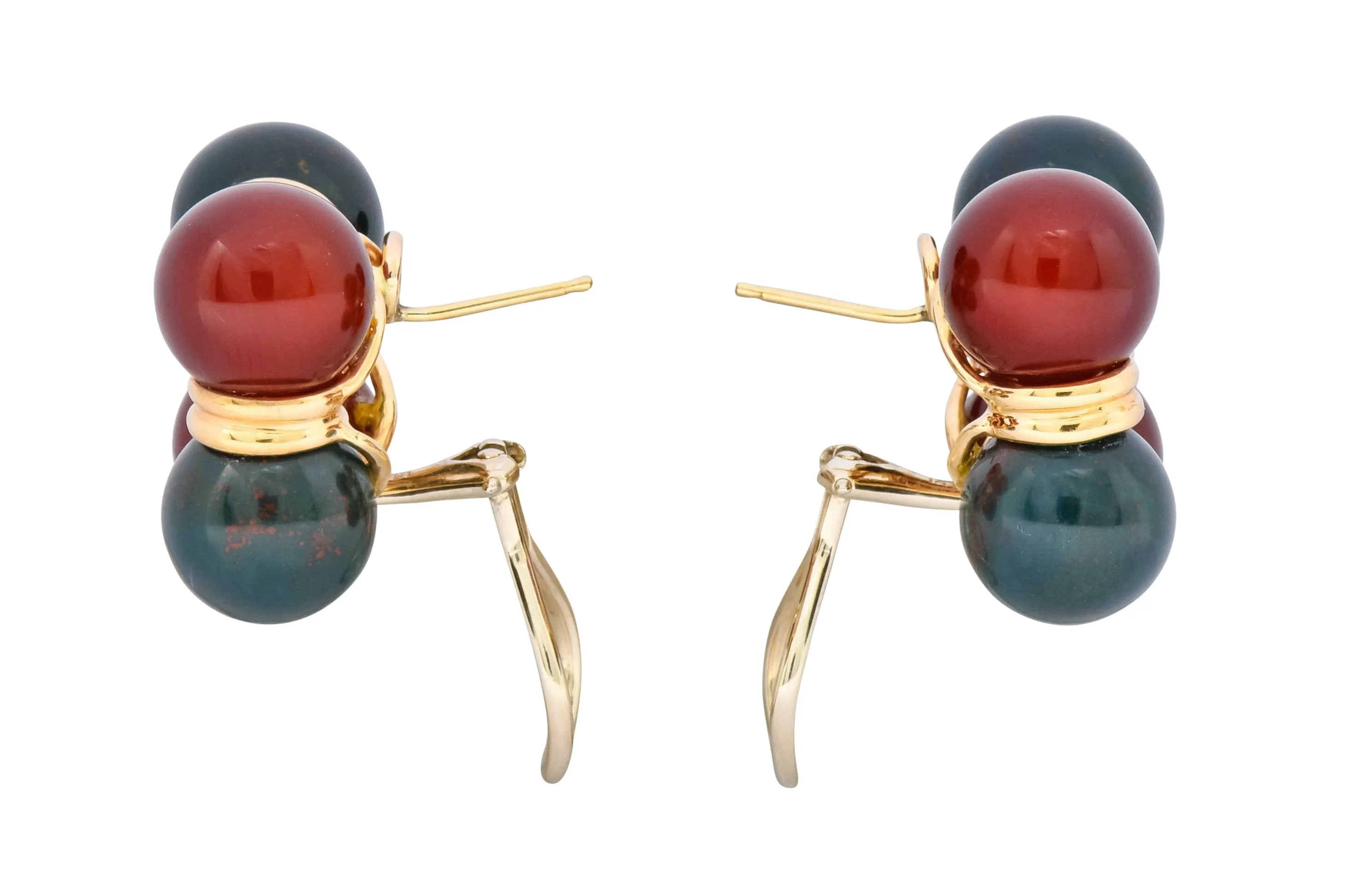 Vintage Carnelian Bloodstone 14 Karat Gold Square Ball Earrings Circa 1980s