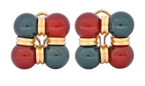 Vintage Carnelian Bloodstone 14 Karat Gold Square Ball Earrings Circa 1980s