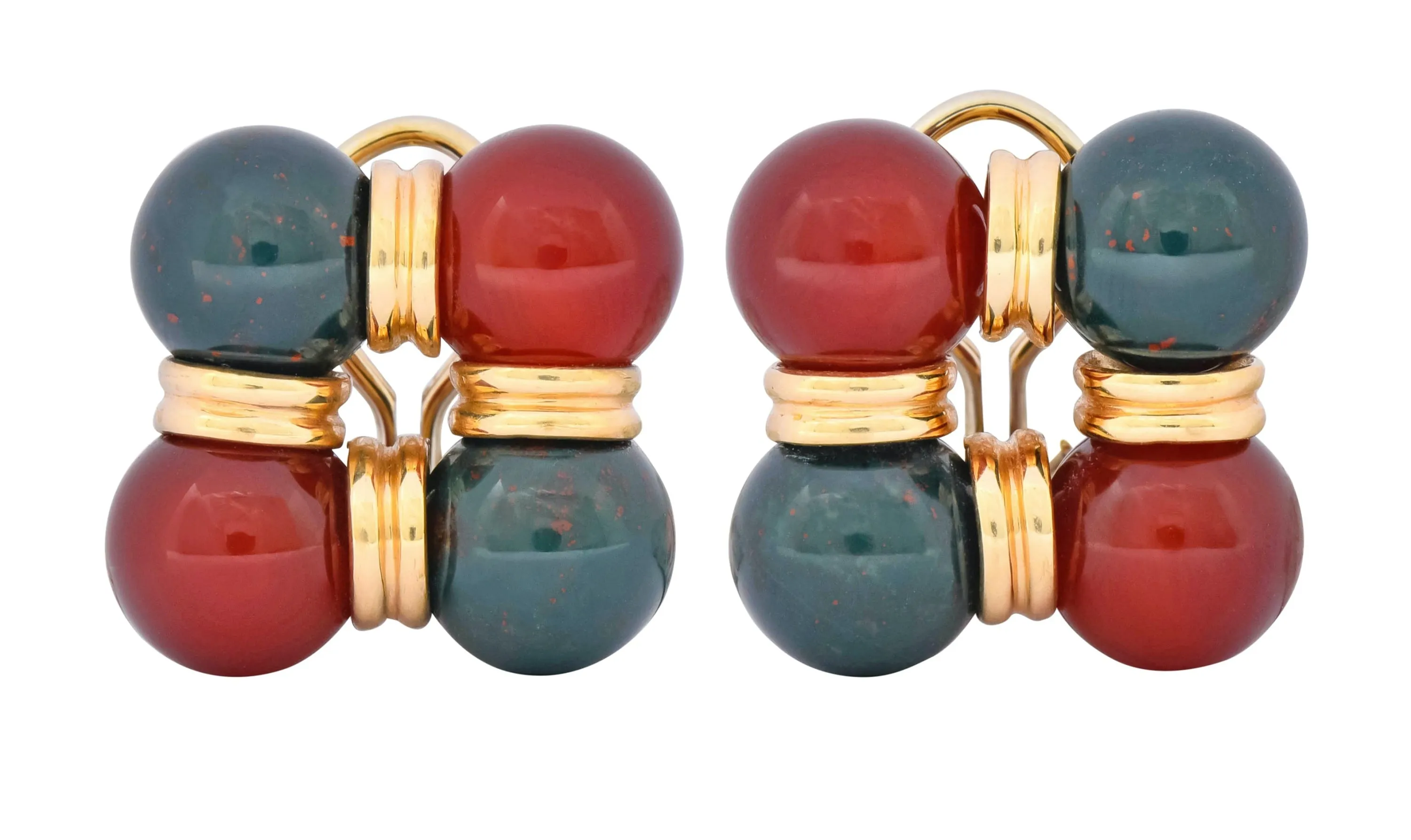 Vintage Carnelian Bloodstone 14 Karat Gold Square Ball Earrings Circa 1980s