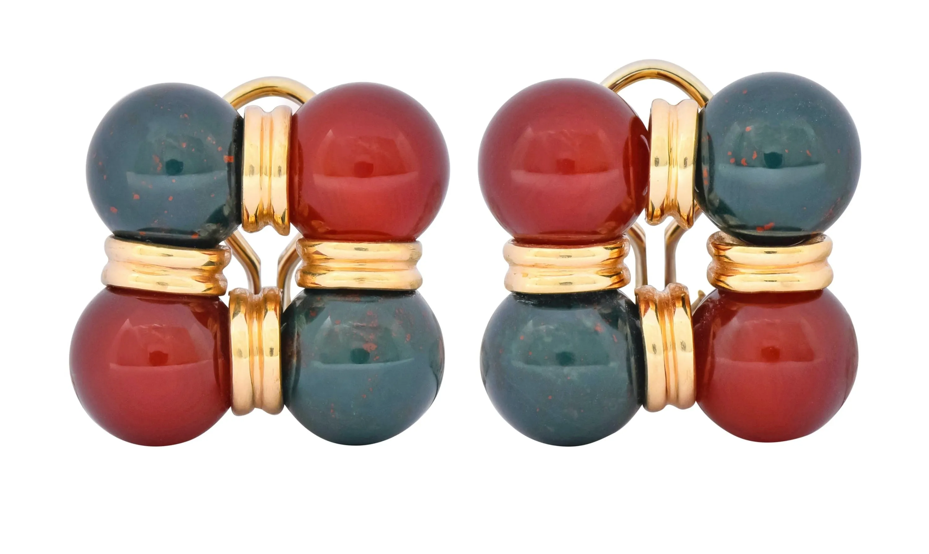 Vintage Carnelian Bloodstone 14 Karat Gold Square Ball Earrings Circa 1980s