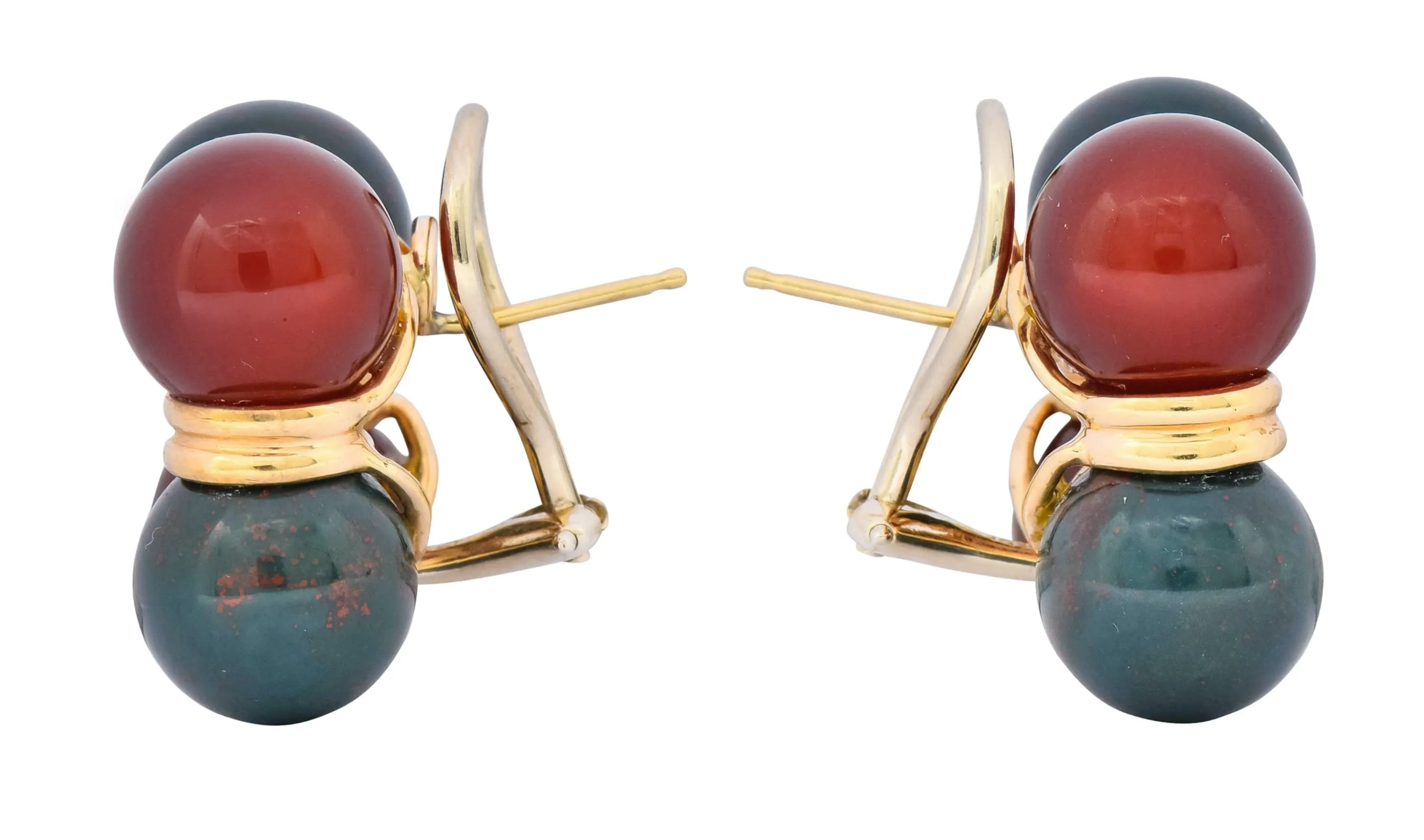 Vintage Carnelian Bloodstone 14 Karat Gold Square Ball Earrings Circa 1980s